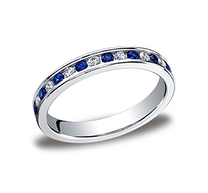This gorgeous 3mm channel set eternity diamond band features 18 round ideal-cut diamonds and blue sapphires along the center and polished edges for an elegant look. Total diamond carat weight is approximately .36ct DIA and .50ct SA.
