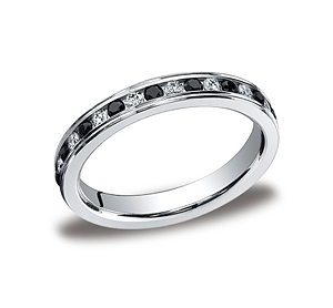 This gorgeous Platinum 3mm channel set eternity diamond band features 18 round ideal-cut diamond and black diamond stones along the center and polished edges for an elegant look. Total diamond carat weight is approximately .36ct DIA and .36ct BLK DIA