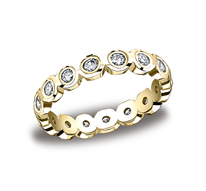 This unique 4mm burnish set high polished diamond eternity band features a scallop-shaped design with 16 round ideal-cut diamonds. Total diamond carat weight is approximately .96ct.