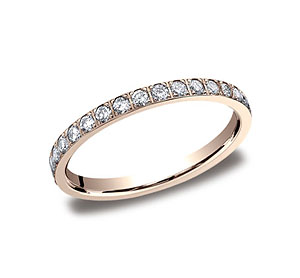 This gorgeous 2mm pave set eternity diamond ring features 33 beautiful round ideal-cut diamonds and polished edges that offer a touch of elegance. Total carat weight is approximately .66ct.