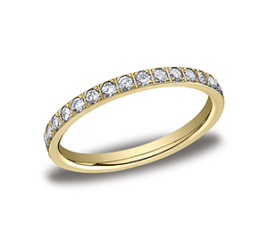This gorgeous 2mm pave set eternity diamond ring features 33 beautiful round ideal-cut diamonds and polished edges that offer a touch of elegance. Total carat weight is approximately .66ct.