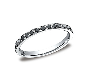 This gorgeous 2mm pave set eternity diamond ring features 33 beautiful round ideal-cut black diamonds and polished edges that offer a touch of elegance. Total carat weight is approximately .66ct.