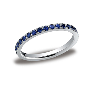 This gorgeous 2mm pave set eternity diamond ring features 33 beautiful round ideal-cut blue sapphire stones and polished edges that offer a touch of elegance. Total carat weight is approximately .66ct SA.