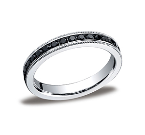 This elegant 3mm channel set eternity band features 36 round ideal-cut black diamonds along the center with milgrain. Total approximate carat weight is .66ct.