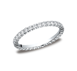 This elegant 2mm comfort-fit shared prong eternity diamond band features round ideal cut diamonds. Total approximate carat weight is .66ct.