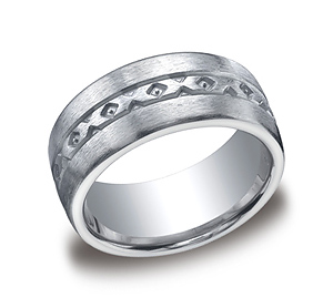 This unique Argentium Silver 10mm comfort-fit satin-finished band features a "x- pattern" design along the center of the band that is both sleek and subtle.