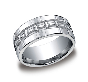 This unique Argentium Silver 10mm comfort-fit satin-finished band features a "x- pattern" design along the center of the band that is both sleek and subtle.