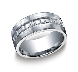This unique Argentium Silver 10mm comfort-fit satin-finished band features a "box pattern" design along the center of the band.
