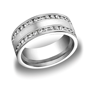This elegant Palladium 8mm comfort-fit channel set brushed diamond eternity band features double rows of 66 round ideal-cut diamonds. Total diamond carat weight is approximately 1.5ct.