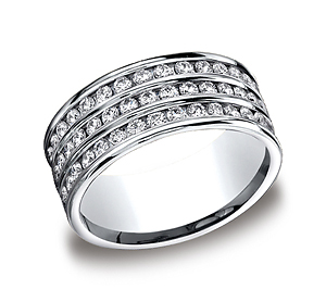 This elegant Platinum 8mm comfort-fit channel set brushed diamond eternity band features a triple row of 105 round ideal-cut diamonds. Total diamond carat weight is approximately 2.04ct.
