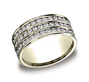 This elegant 8mm comfort-fit channel set brushed diamond eternity band features a triple row of 105 round ideal-cut diamonds. Total diamond carat weight is approximately 2.04ct.