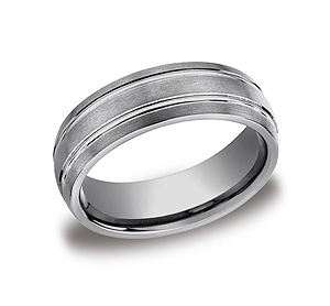 This satin-finished 7mm comfort-fit Tungsten band features two parallel high polished grooves along the center for remarkable style.