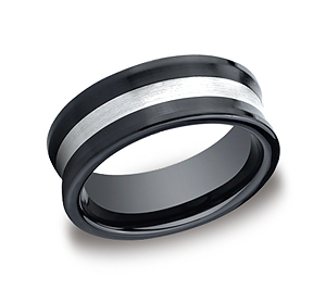 This Ceramic 8mm comfort-fit satin-finished band features a large concave with a silver inlay for a beautiful contrast.