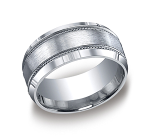 This unique Argentium Silver 10mm comfort-fit band features a satin-finished center trimmed with a decorative rope edge. This handsome ring also features high polished beveled edges.