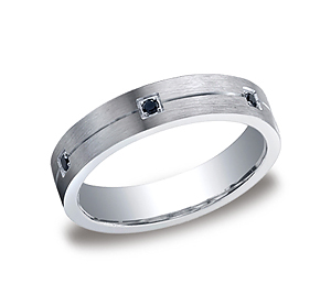 This beautiful Argentium Silver 5mm comfort-fit pave set band features a satin-finished center with six round ideal-cut black diamonds that offer remarkable style. Approximate total diamond carat weight is .12ct.
