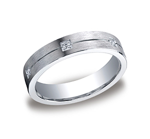 This beautiful Argentium Silver 5mm comfort-fit pave set band features a satin-finished center with six round ideal-cut diamonds that offer remarkable style. Approximate total diamond carat weight is .12ct.