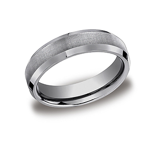 This elegant 6mm comfort-fit Tungsten band features a satin-finished center and high polished beveled edges that is the perfect balance of style and class.