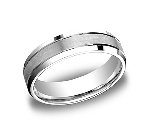 This unique Palladium 6mm comfort-fit satin-finished carved design band features center cuts along a high polished beveled edge.