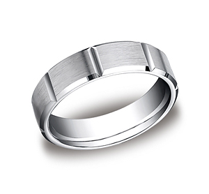This Palladium 6mm comfort-fit satin-finished carved design band features strong vertical grooves along the center for a refined, industrial look.