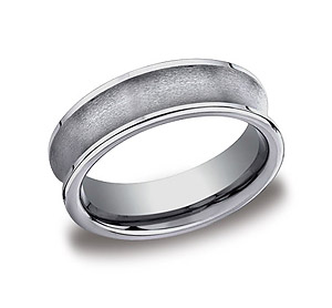 This awesome 7mm concaved Tungsten band features a satin-finished center with polished edges and a comfort-fit on the inside.
