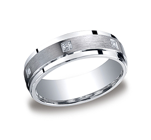This Argentium Silver 7mm comfort-fit pave set band features a satin-finished center with six round ideal-cut diamonds that offer remarkable style. Approximate total diamond carat weight is .12ct.