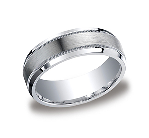 This unique Argentium Silver 7mm comfort-fit band features a fashionable satin-finished center with milgrain and polished beveled edges.