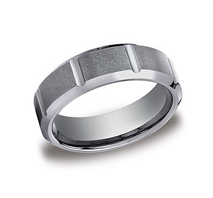 This 7mm comfort-fit satin-finished Tungsten band features strong vertical grooves along the center for a refined, industrial look.