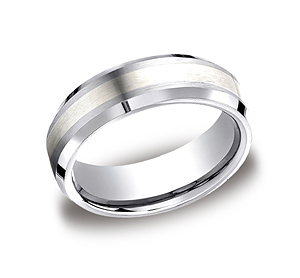 This Cobalt 7mm comfort-fit satin-finished band features a silver inlay with high polished beveled edges that offers a touch of elegance.
