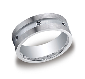 This unique Argentium Silver 8mm comfort-fit burnish set band features six round ideal-cut black diamonds. Approximate total diamond carat weight is .12ct.