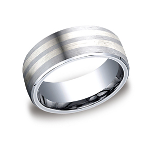 This Cobalt 8mm comfort-fit satin-finished band features parallel silver inlays with a high polished beveled edge that offers a touch of elegance.