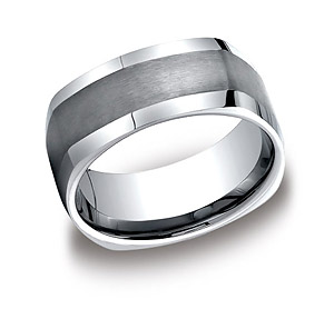 This unique 9mm comfort-fit Tungsten band features a four-sided design with a satin-finished center and polished beveled edges.