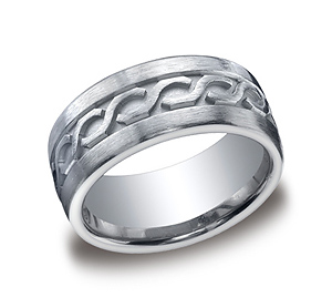 This bold Argentium Silver 10mm comfort-fit band features a brushed satin-finish with a decorative celtic knot.