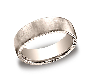 This unique 7.5mm comfort-fit satin-finished carved design band features an elegant rivet coin edging for unforgettable style.