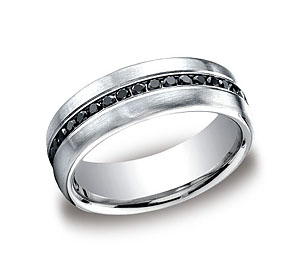 This platinum satin-finished 7.5mm comfort-fit diamond band features 20 channel-set black round ideal-cut diamonds. Total diamond carat weight is approximately .40ct.