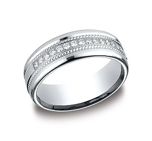 This beautiful 7.5mm comfort-fit diamond band features a roped-design surrounding gorgeous round ideal-cut diamonds. Total approximate carat weight is .32ct.