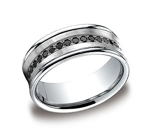 This unique 7.5mm comfort-fit concave pave set diamond band features 16 black round ideal-cut diamonds and high polished edges for unforgettable style. Total diamond carat weight is approximately .32ct.