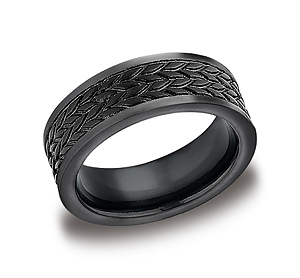 This interesting 7mm blackened Cobalt band features designed etchings along the center and a comfort-fit on the inside.
