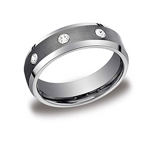 This incredible 7mm comfort-fit Tungsten band features high polished edges with three round ideal-cut stones set along a satin-finished center.