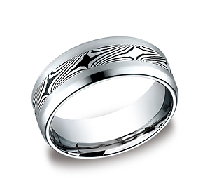 This awesome 8mm high-polished Cobalt band features a Mokume` design across a satin-finished center and beveled edges.