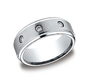 This cool high-polished 8mm comfort-fit Cobalt band features a satin-finished center with 3 round ideal-cut stones.