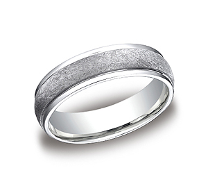 This incredible Platinum 6mm comfort-fit carved design band features a wired-finish along the center and a high polished edge.