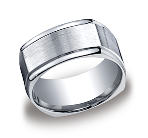 This unique Argentium Silver 10mm comfort-fit band features a four-sided design with a wide satin-finished center and polished round edges.