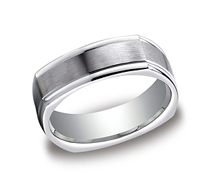 This unique 7mm comfort-fit band features a four-sided design with a wide satin-finished center and polished round edges.