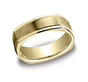This unique 7mm comfort-fit band features a four-sided design with a wide satin-finished center and polished round edges.