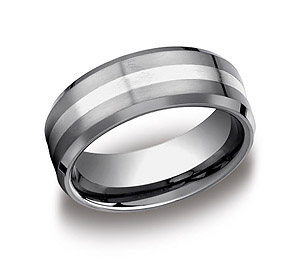 This awesome 8mm comfort-fit Tungsten band features a white gold center inlay along a satin-finished surface and high polished edges.