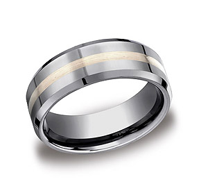 This awesome 8mm comfort-fit Tungsten band features a yellow gold center inlay along a satin-finished surface and high polished edges.