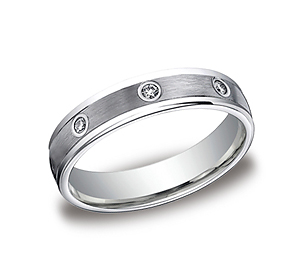 This remarkable Platinum 4mm comfort-fit bezel set eternity band features a satin-finished and 8 round ideal-cut diamonds along the center and a high polished round edge. Total diamond carat weight is approximately .16ct.
