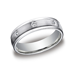 This remarkable Platinum 6mm comfort-fit bezel set eternity band features a satin-finished and 8 round ideal-cut diamonds along the center and a high polished round edge. Total diamond carat weight is approximately .32ct.