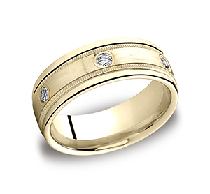 This elegant 8mm comfort-fit bezel set eternity band features a satin-finished center with six round cut diamonds along the center surrounded by milgrain and a high polished round edge. Total diamond carat weight is approximately .48ct.