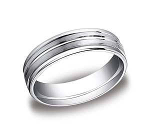 This incredible Platinum 6mm comfort-fit satin-finished carved design band features a high polished round edge and center trim that gives subtle consistency of style and form.